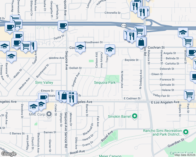 map of restaurants, bars, coffee shops, grocery stores, and more near 2197 Hurles Avenue in Simi Valley