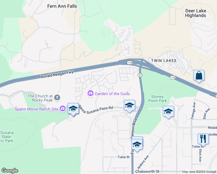 map of restaurants, bars, coffee shops, grocery stores, and more near 22125 Sun Ranch Court in Los Angeles