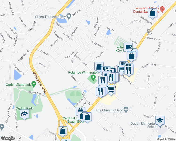 map of restaurants, bars, coffee shops, grocery stores, and more near 7219 Vespar Court in Wilmington