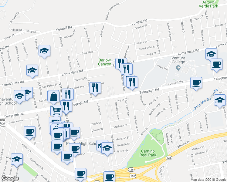 map of restaurants, bars, coffee shops, grocery stores, and more near 50 Telegraph Place in Ventura
