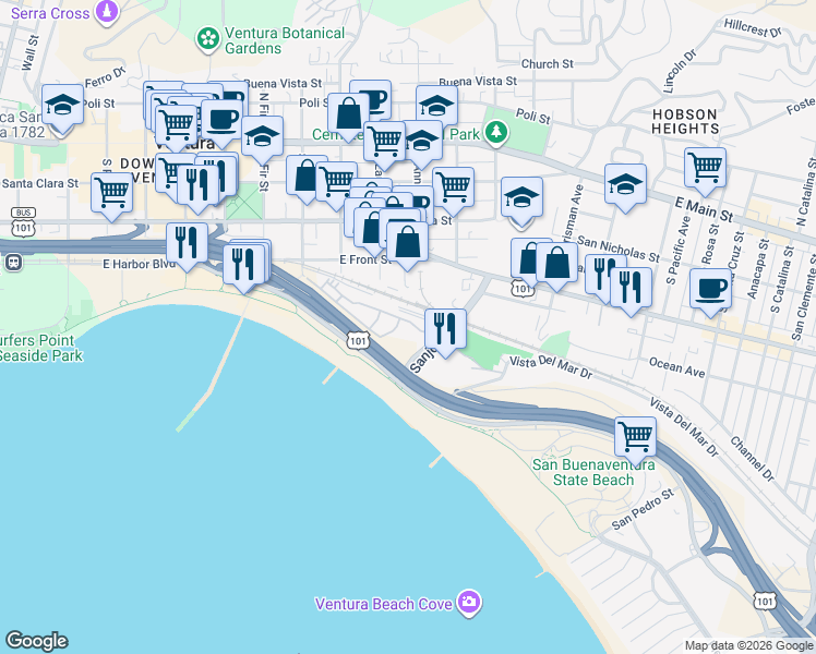 map of restaurants, bars, coffee shops, grocery stores, and more near 997 Vista del Mar Place in Ventura