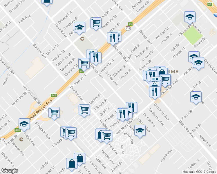 map of restaurants, bars, coffee shops, grocery stores, and more near 11271 Herrick Avenue in Pacoima