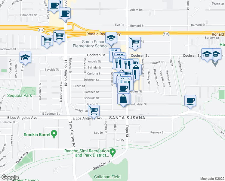 map of restaurants, bars, coffee shops, grocery stores, and more near 4275 Florence Street in Simi Valley