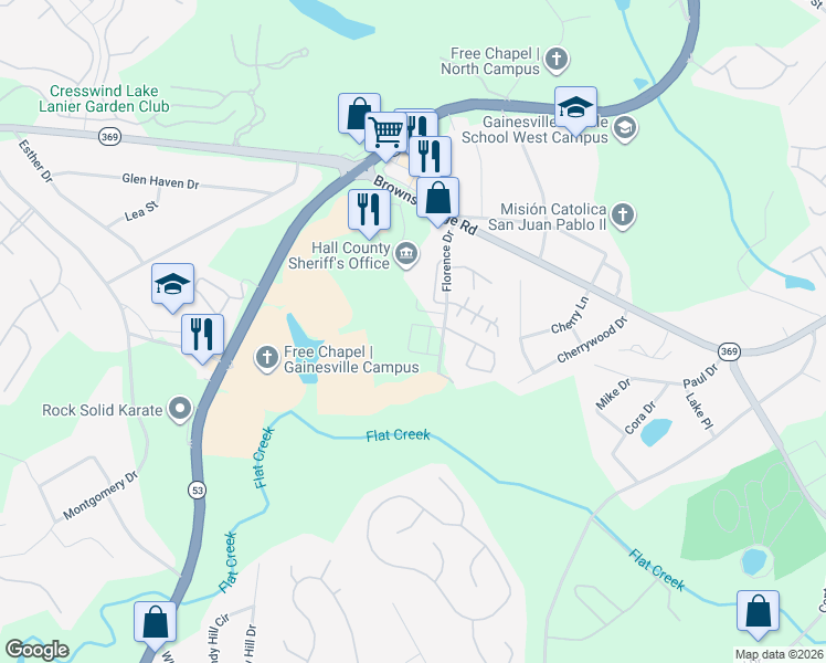 map of restaurants, bars, coffee shops, grocery stores, and more near 2920 Florence Drive in Gainesville