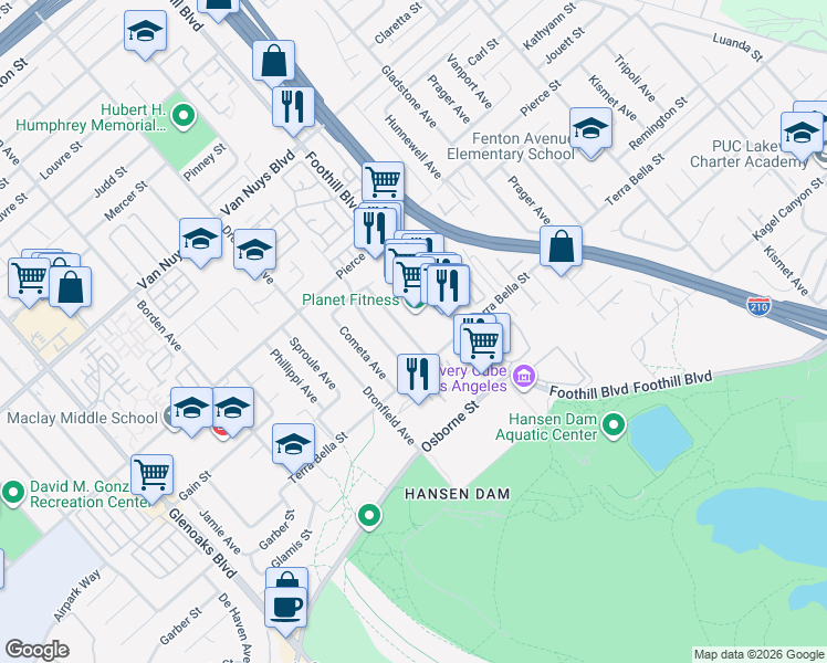 map of restaurants, bars, coffee shops, grocery stores, and more near 11252 Adelphia Avenue in Los Angeles