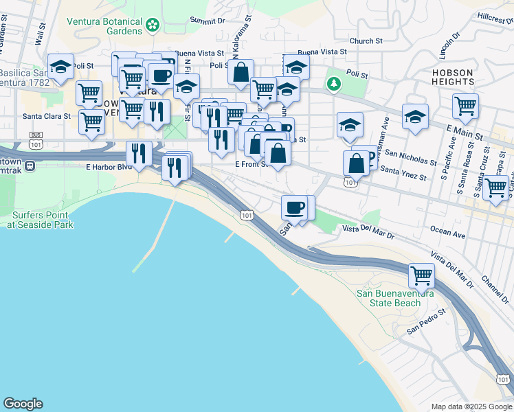 map of restaurants, bars, coffee shops, grocery stores, and more near 997 Vista del Mar Place in Ventura