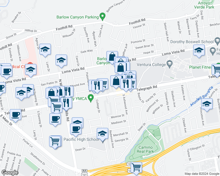 map of restaurants, bars, coffee shops, grocery stores, and more near 3975 Telegraph Road in Ventura