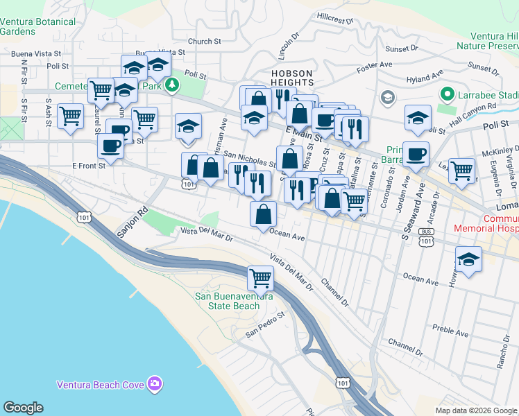 map of restaurants, bars, coffee shops, grocery stores, and more near 1700 East Thompson Boulevard in Ventura