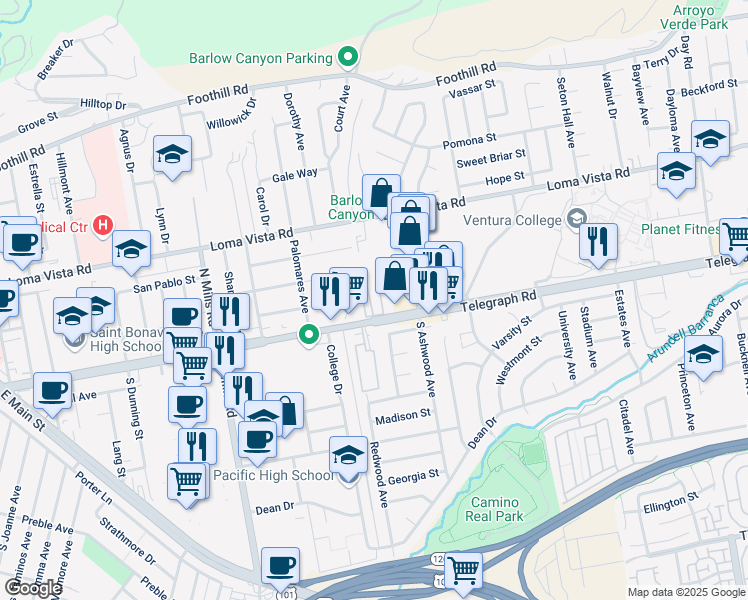 map of restaurants, bars, coffee shops, grocery stores, and more near 50 Telegraph Place in Ventura