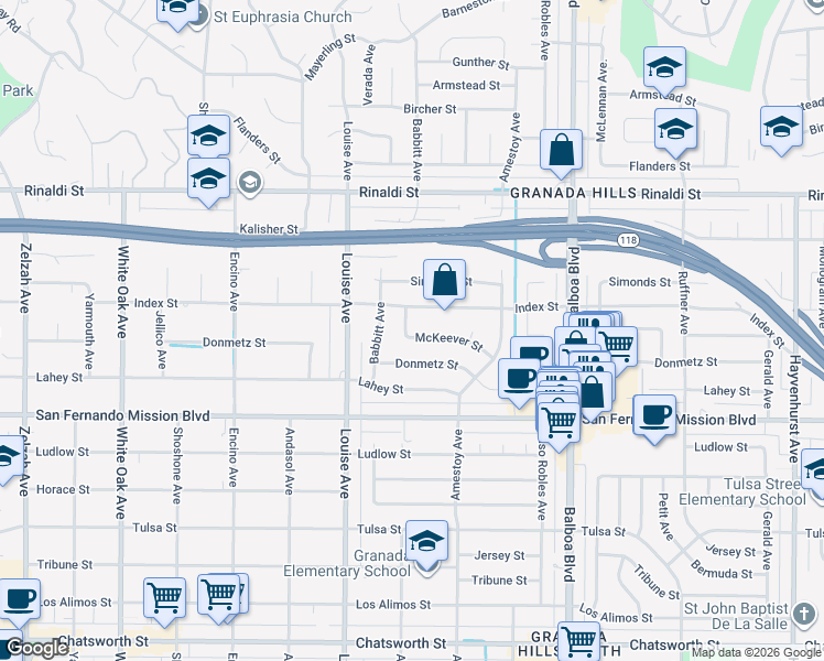 map of restaurants, bars, coffee shops, grocery stores, and more near 17219 McKeever Street in Los Angeles