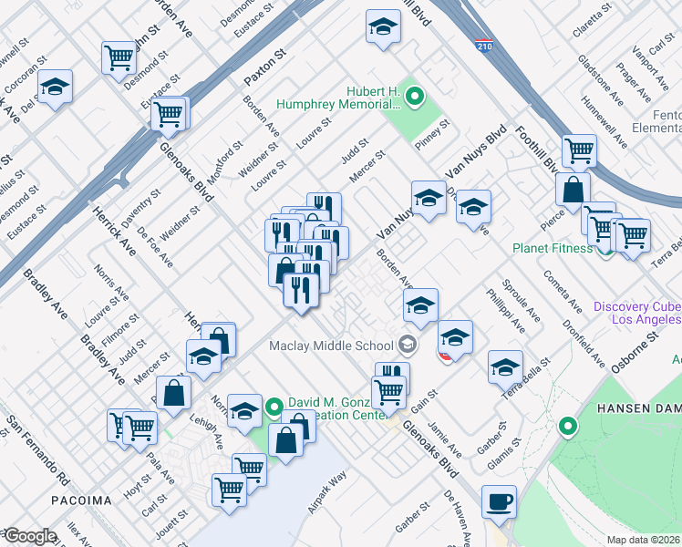 map of restaurants, bars, coffee shops, grocery stores, and more near 12700 Van Nuys Boulevard in Los Angeles