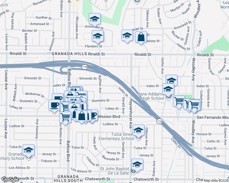 map of restaurants, bars, coffee shops, grocery stores, and more near 16655 Mc Keever Street in Los Angeles
