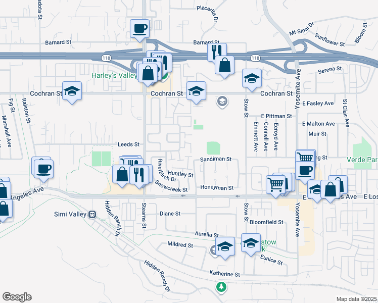 map of restaurants, bars, coffee shops, grocery stores, and more near Unnamed Road in Simi Valley