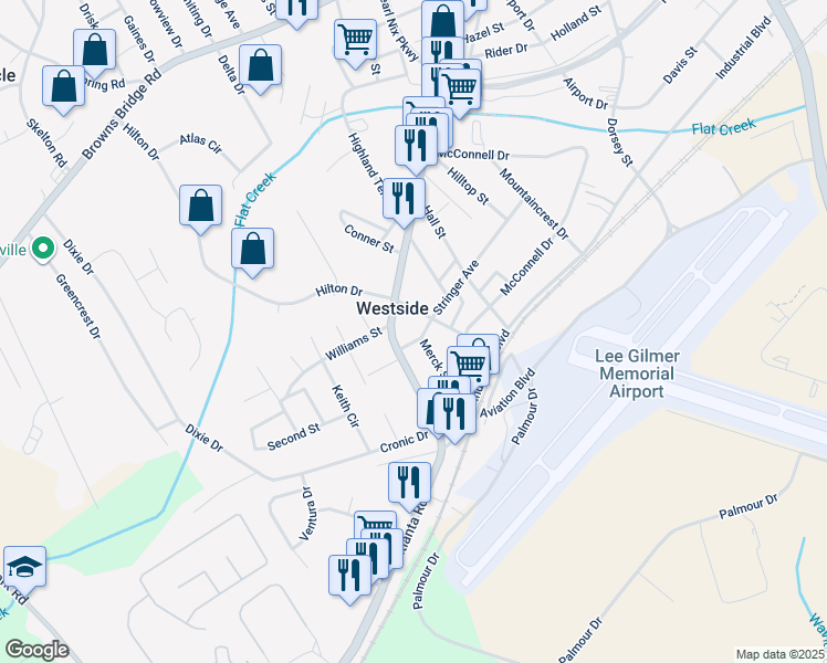 map of restaurants, bars, coffee shops, grocery stores, and more near 308 Stringer Avenue in Gainesville