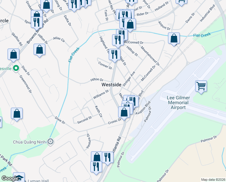 map of restaurants, bars, coffee shops, grocery stores, and more near 1017 Atlanta Highway in Gainesville
