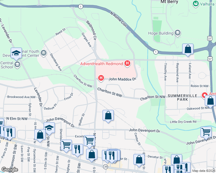 map of restaurants, bars, coffee shops, grocery stores, and more near 619 Briarwood Circle Northwest in Rome