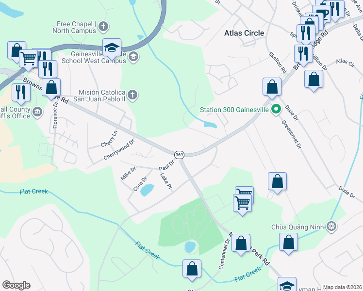 map of restaurants, bars, coffee shops, grocery stores, and more near 2510 Browns Bridge Road in Gainesville