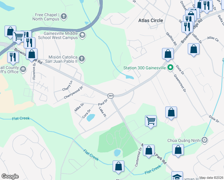map of restaurants, bars, coffee shops, grocery stores, and more near 2510 Browns Bridge Road in Gainesville