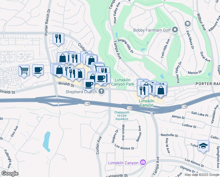 map of restaurants, bars, coffee shops, grocery stores, and more near Rinaldi St & Corbin Ave in Los Angeles