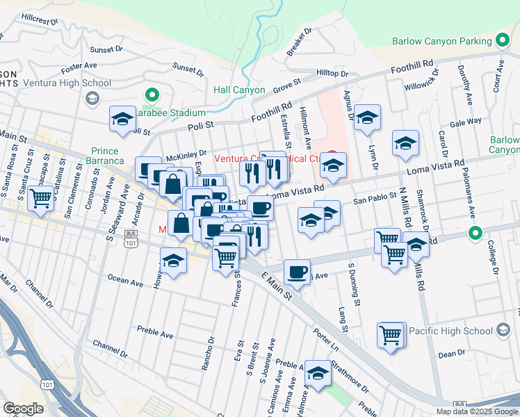 map of restaurants, bars, coffee shops, grocery stores, and more near 184 North Brent Street in Ventura
