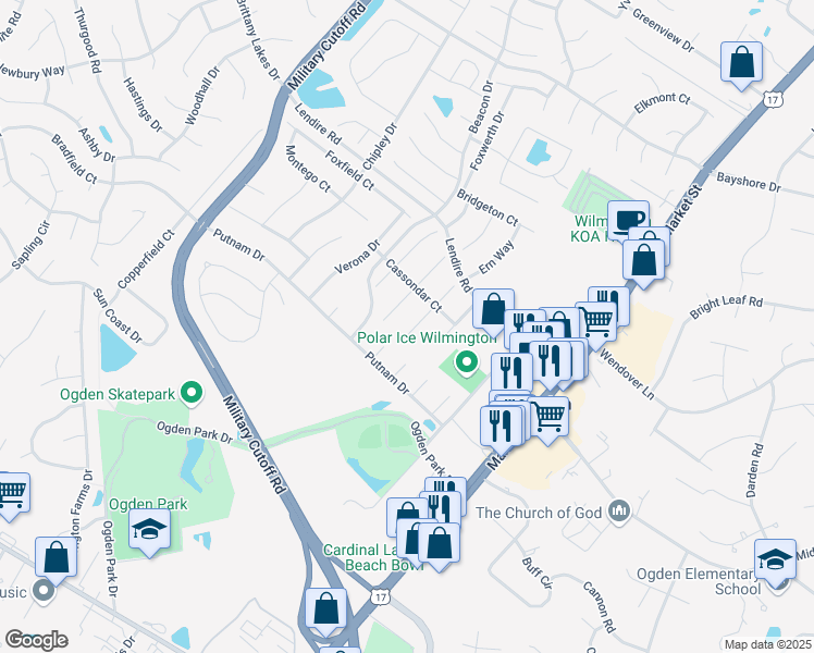 map of restaurants, bars, coffee shops, grocery stores, and more near 7207 Morley Court in Wilmington