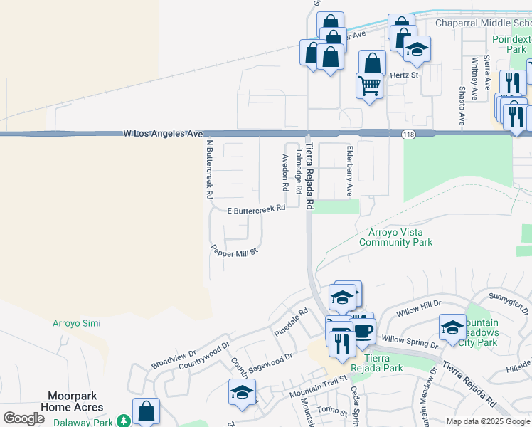 map of restaurants, bars, coffee shops, grocery stores, and more near 4667 Pepper Mill Street in Moorpark
