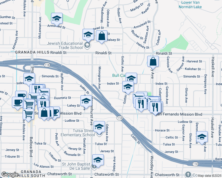 map of restaurants, bars, coffee shops, grocery stores, and more near 16461 McKeever Street in Granada Hills