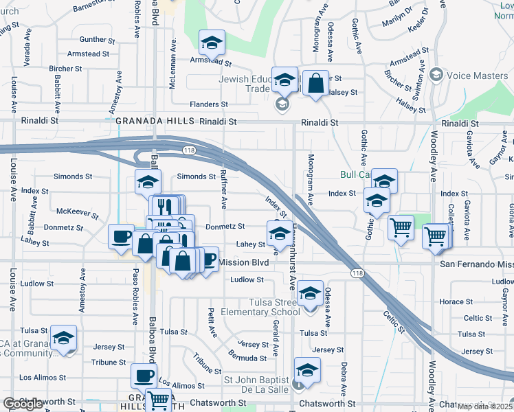 map of restaurants, bars, coffee shops, grocery stores, and more near 16701 Mc Keever Street in Los Angeles