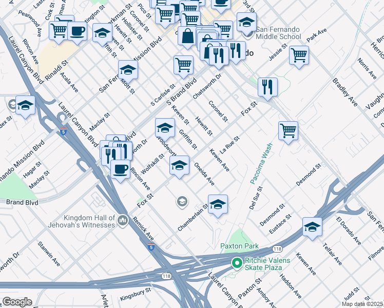 map of restaurants, bars, coffee shops, grocery stores, and more near 607 Mott Street in San Fernando