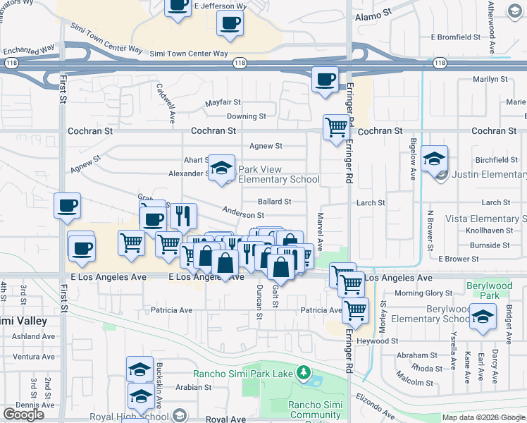 map of restaurants, bars, coffee shops, grocery stores, and more near 1663 Anderson Street in Simi Valley
