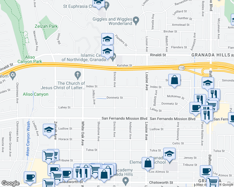 map of restaurants, bars, coffee shops, grocery stores, and more near 11230 Encino Avenue in Los Angeles