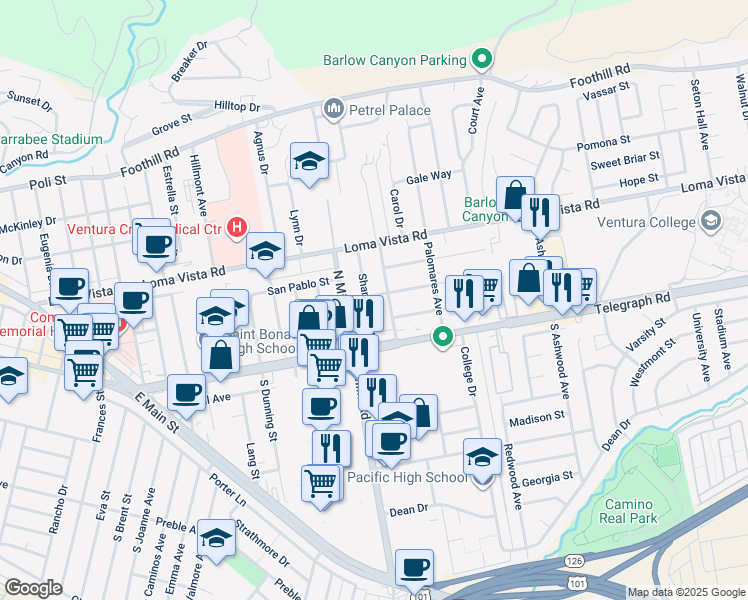 map of restaurants, bars, coffee shops, grocery stores, and more near 3586 Mound Avenue in Ventura