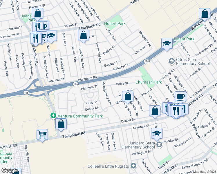 map of restaurants, bars, coffee shops, grocery stores, and more near 623 Springfield Avenue in Ventura