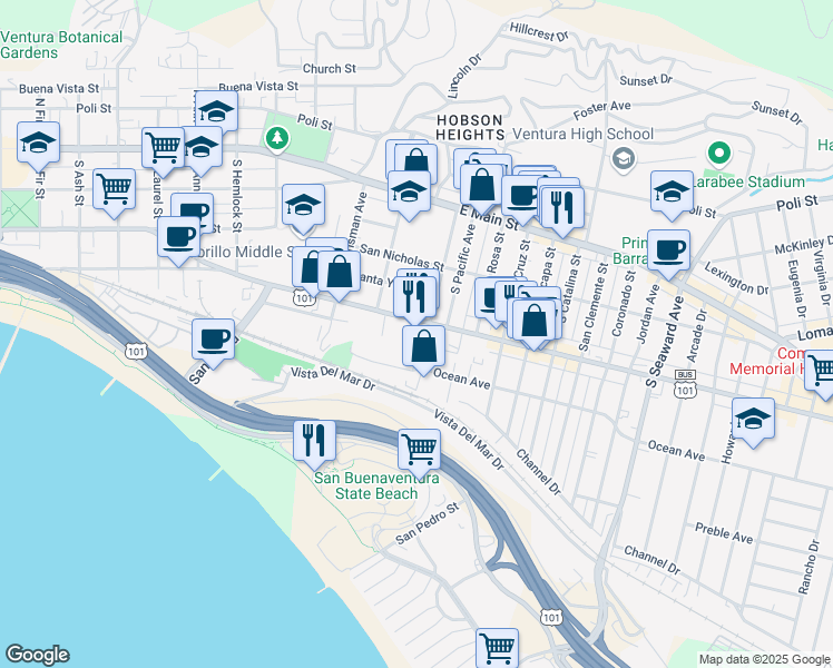map of restaurants, bars, coffee shops, grocery stores, and more near 1700 East Thompson Boulevard in Ventura