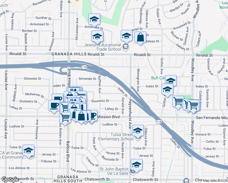 map of restaurants, bars, coffee shops, grocery stores, and more near 16697 McKeever Street in Los Angeles