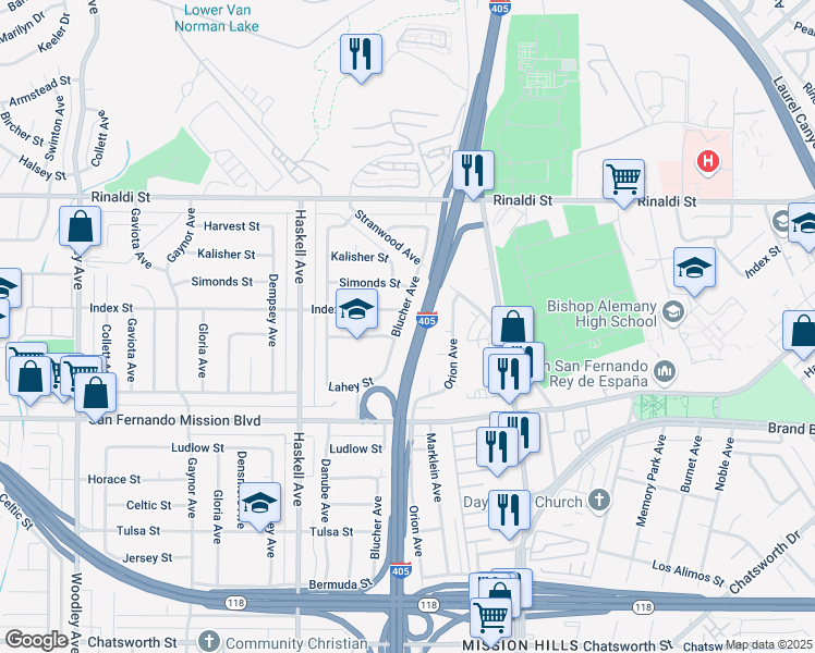map of restaurants, bars, coffee shops, grocery stores, and more near 11246 Blucher Avenue in Los Angeles
