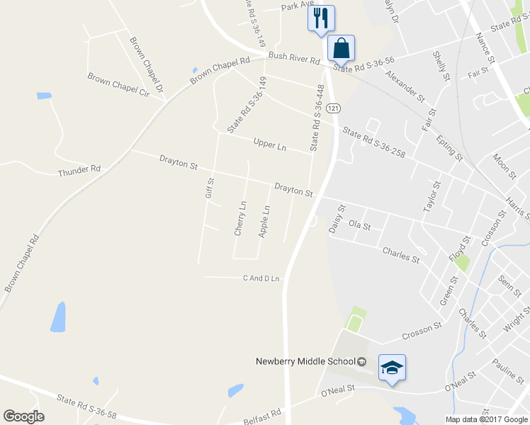 map of restaurants, bars, coffee shops, grocery stores, and more near 639 Apple Lane in Newberry