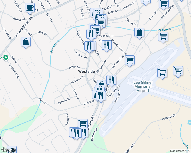 map of restaurants, bars, coffee shops, grocery stores, and more near 308 Stringer Avenue in Gainesville