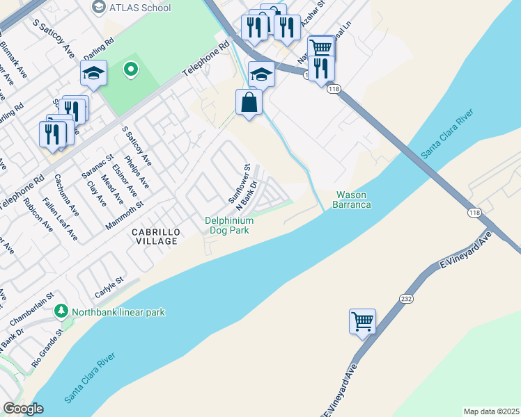 map of restaurants, bars, coffee shops, grocery stores, and more near 10707 Dogwood Drive in Ventura