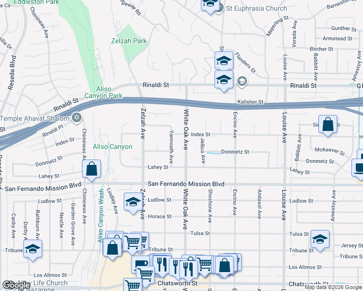 map of restaurants, bars, coffee shops, grocery stores, and more near 11233 White Oak Avenue in Los Angeles