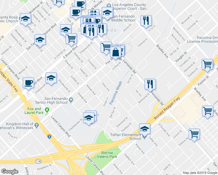 map of restaurants, bars, coffee shops, grocery stores, and more near 11268 Telfair Avenue in San Fernando