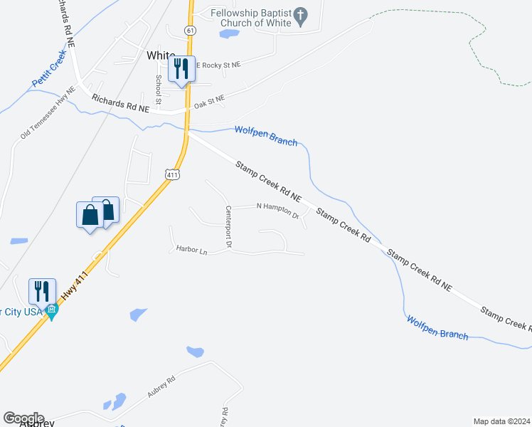 map of restaurants, bars, coffee shops, grocery stores, and more near 27 North Hampton Drive in White