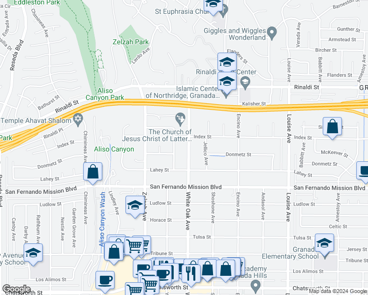map of restaurants, bars, coffee shops, grocery stores, and more near 11233 White Oak Avenue in Los Angeles