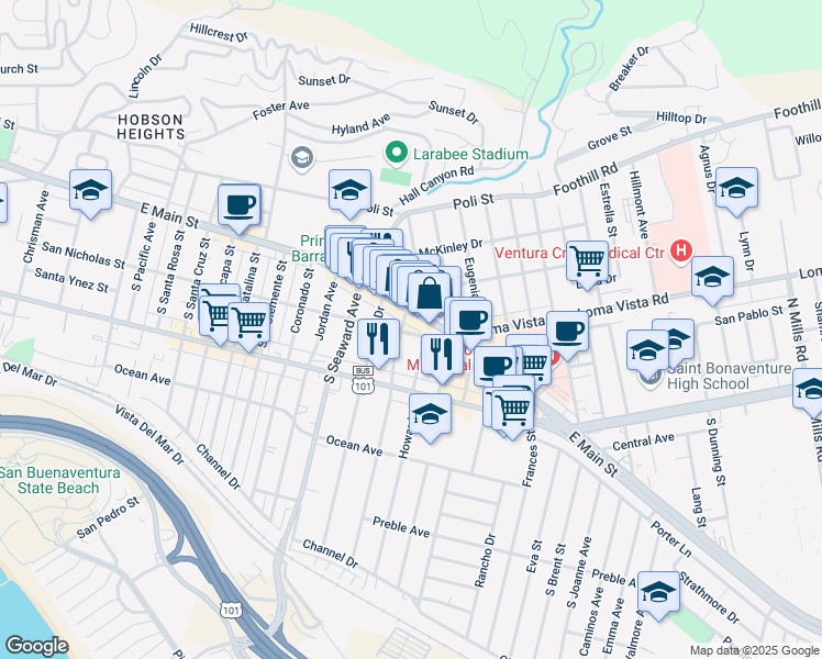 map of restaurants, bars, coffee shops, grocery stores, and more near 2467 San Nicholas St in Ventura