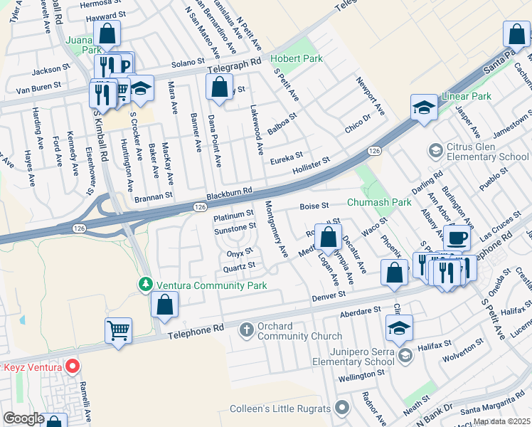 map of restaurants, bars, coffee shops, grocery stores, and more near 611 Montgomery Avenue in Ventura