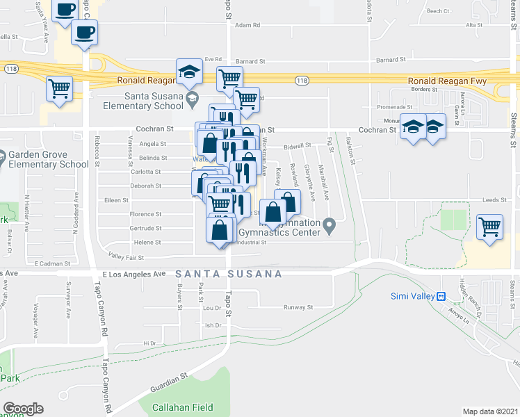 map of restaurants, bars, coffee shops, grocery stores, and more near 2249 Workman Avenue in Simi Valley