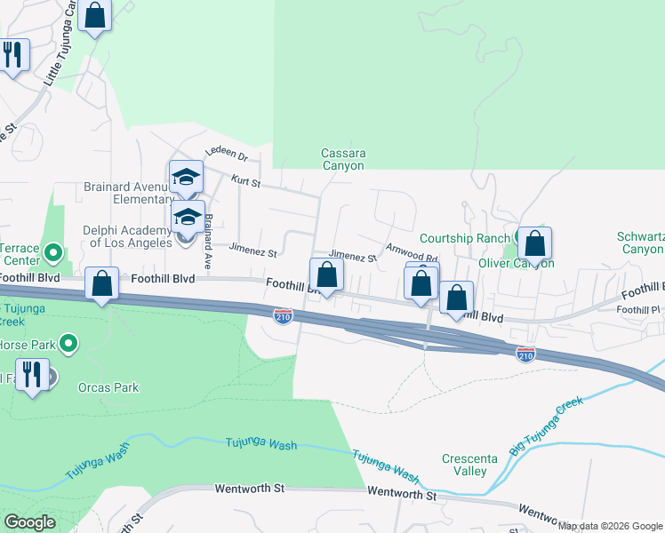 map of restaurants, bars, coffee shops, grocery stores, and more near 10449 Foothill Boulevard in Los Angeles