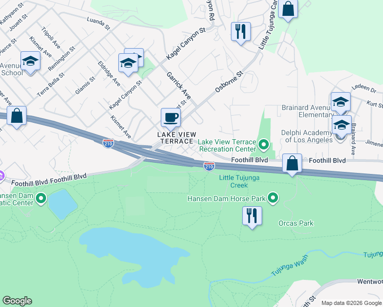 map of restaurants, bars, coffee shops, grocery stores, and more near 11300 Foothill Boulevard in Los Angeles