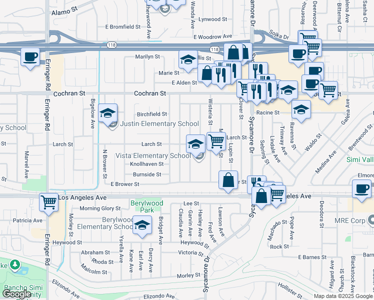 map of restaurants, bars, coffee shops, grocery stores, and more near 2177 Madrone Street in Simi Valley