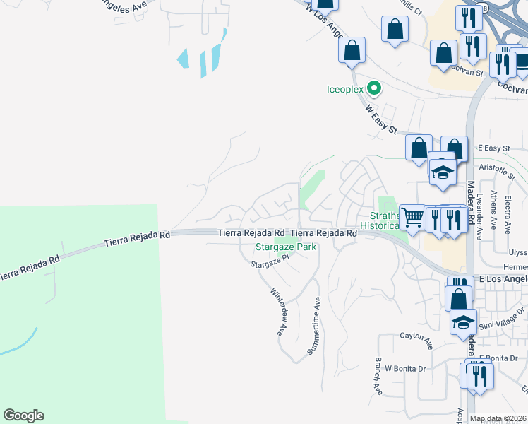 map of restaurants, bars, coffee shops, grocery stores, and more near 435 Jeremiah Drive in Simi Valley